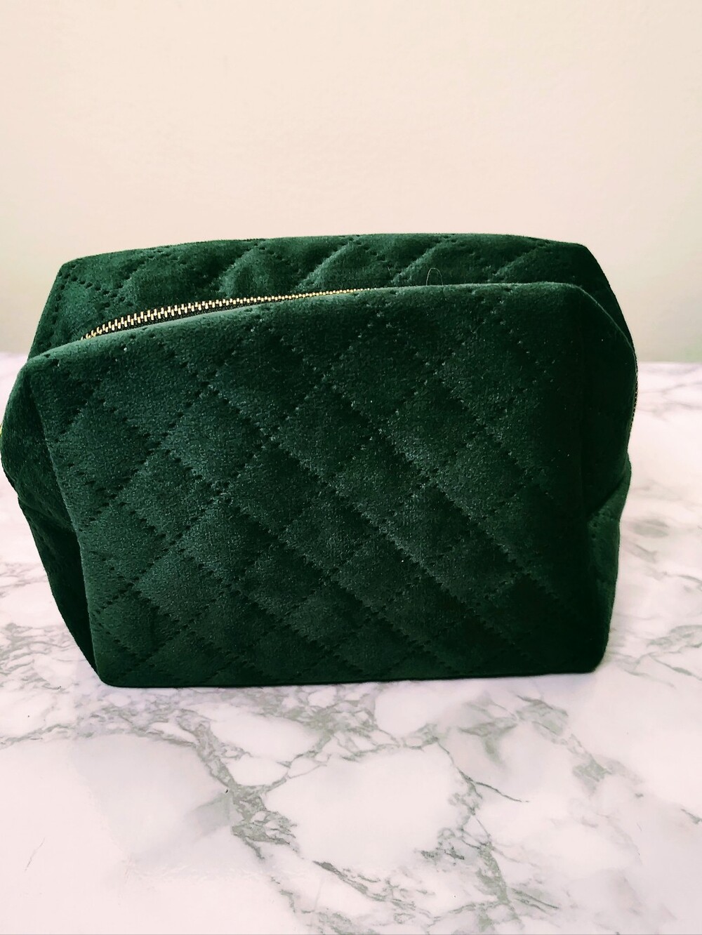 Forest Green Quilted Velvet Cosmetic Makeup Bag Gold Zipper Travel Toiletry Bag